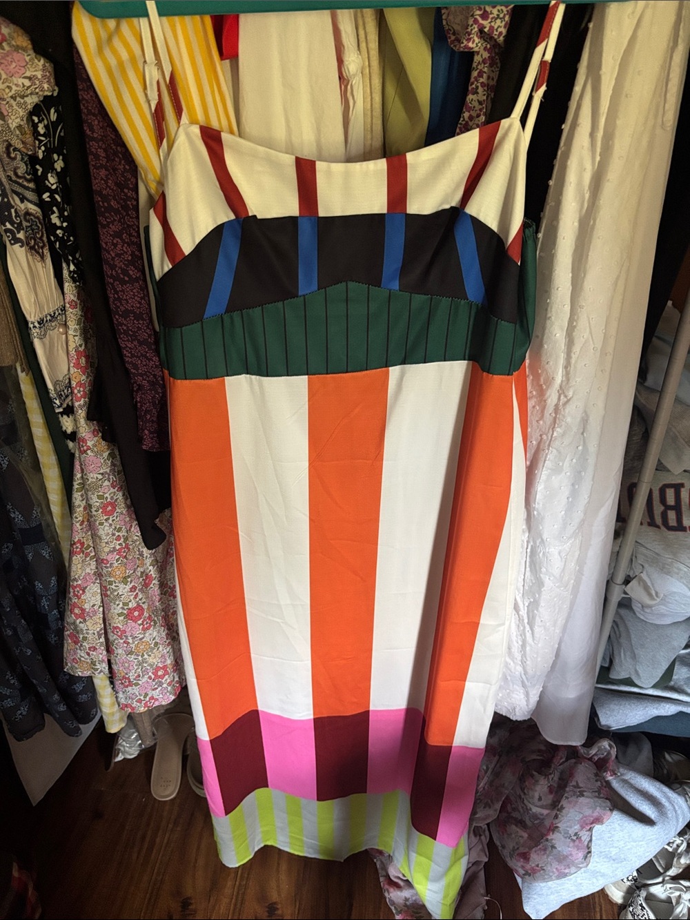 Striped Multicolor Maxi Dress - Vibrant Orange, Green, Pink